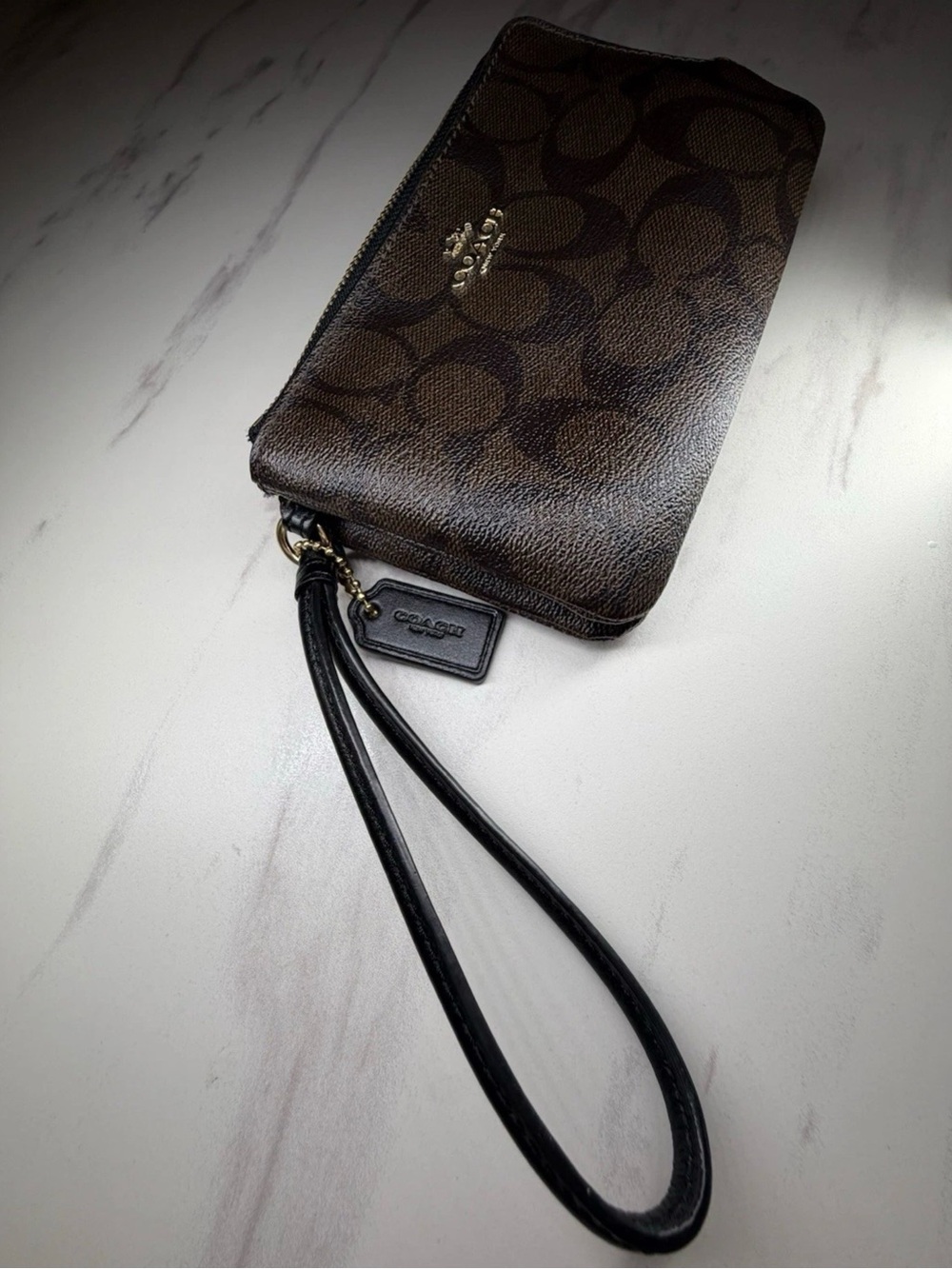 Coach Brown Signature Zip Wristlet with Black Strap